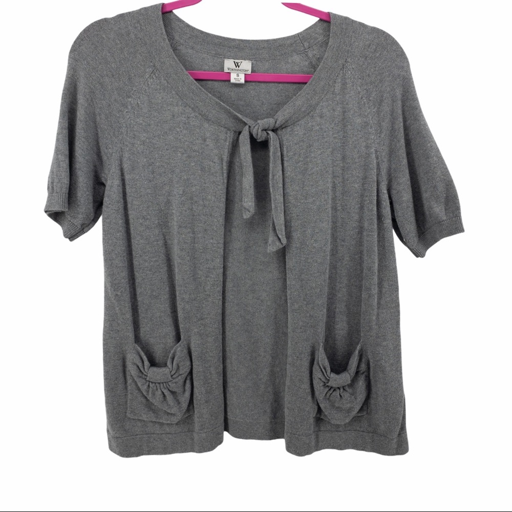 Worthington Gray Tie Collar Cardigan Front Pockets